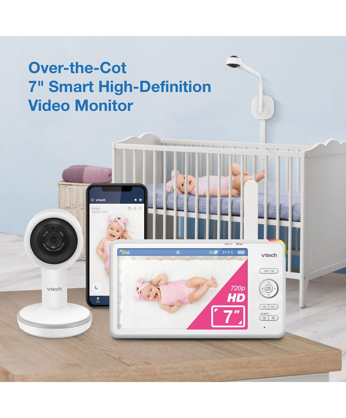 VTech RM7787HD 7inch Over-The-Cot Smart Monitor & VTech ClearView Universal O-T-C Camera Floor Stand - White