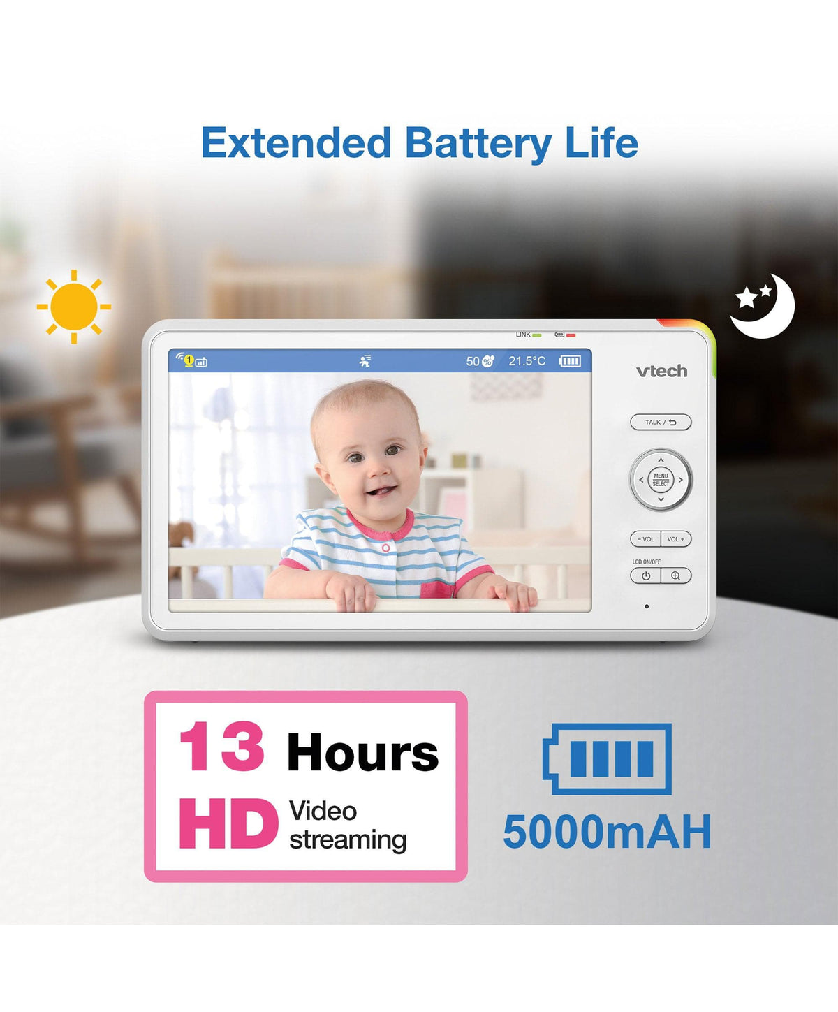 VTech RM7787HD 7inch Over-The-Cot Smart Monitor & VTech ClearView Universal O-T-C Camera Floor Stand - White