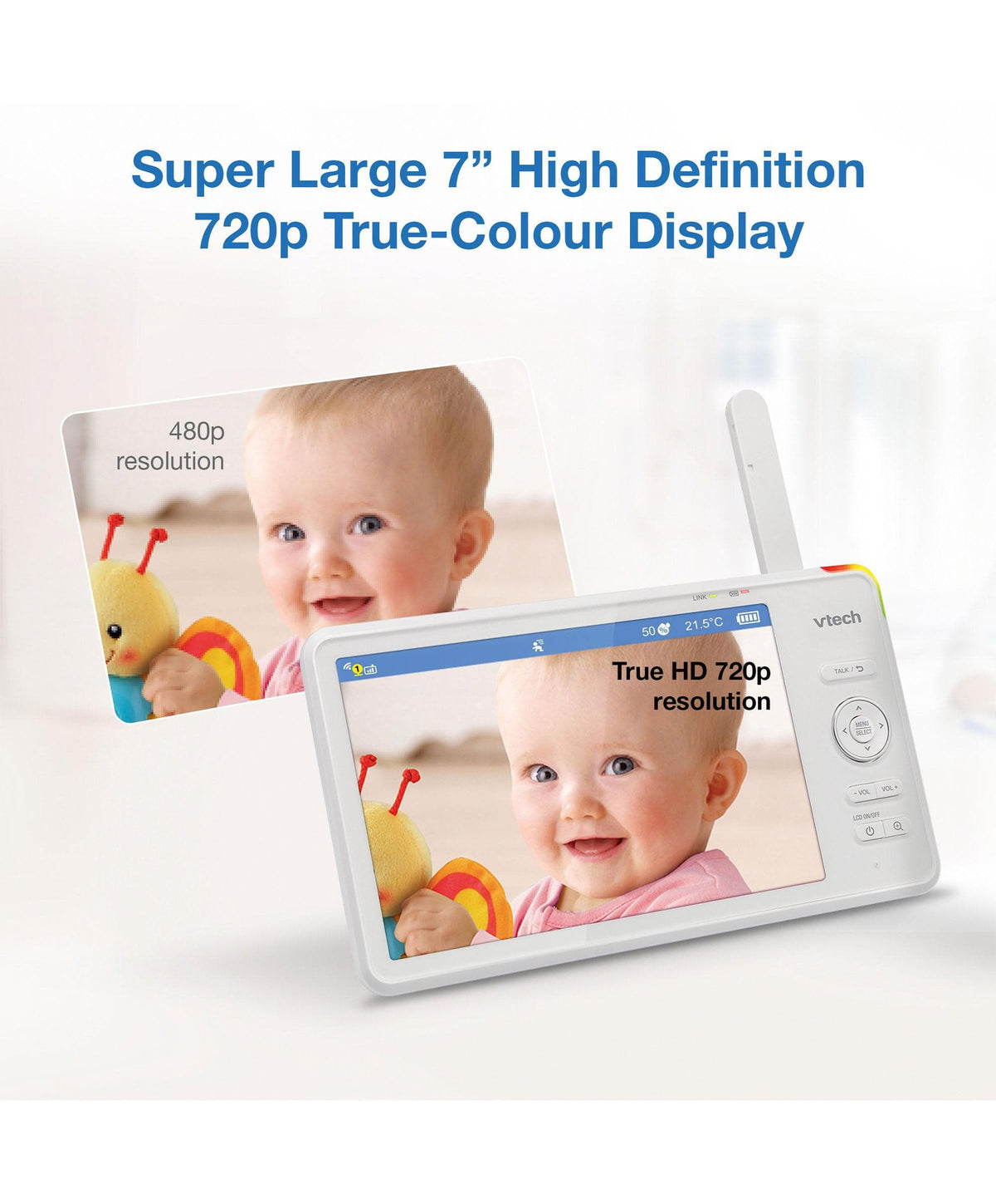 VTech RM7787HD 7inch Over-The-Cot Smart Monitor & VTech ClearView Universal O-T-C Camera Floor Stand - White