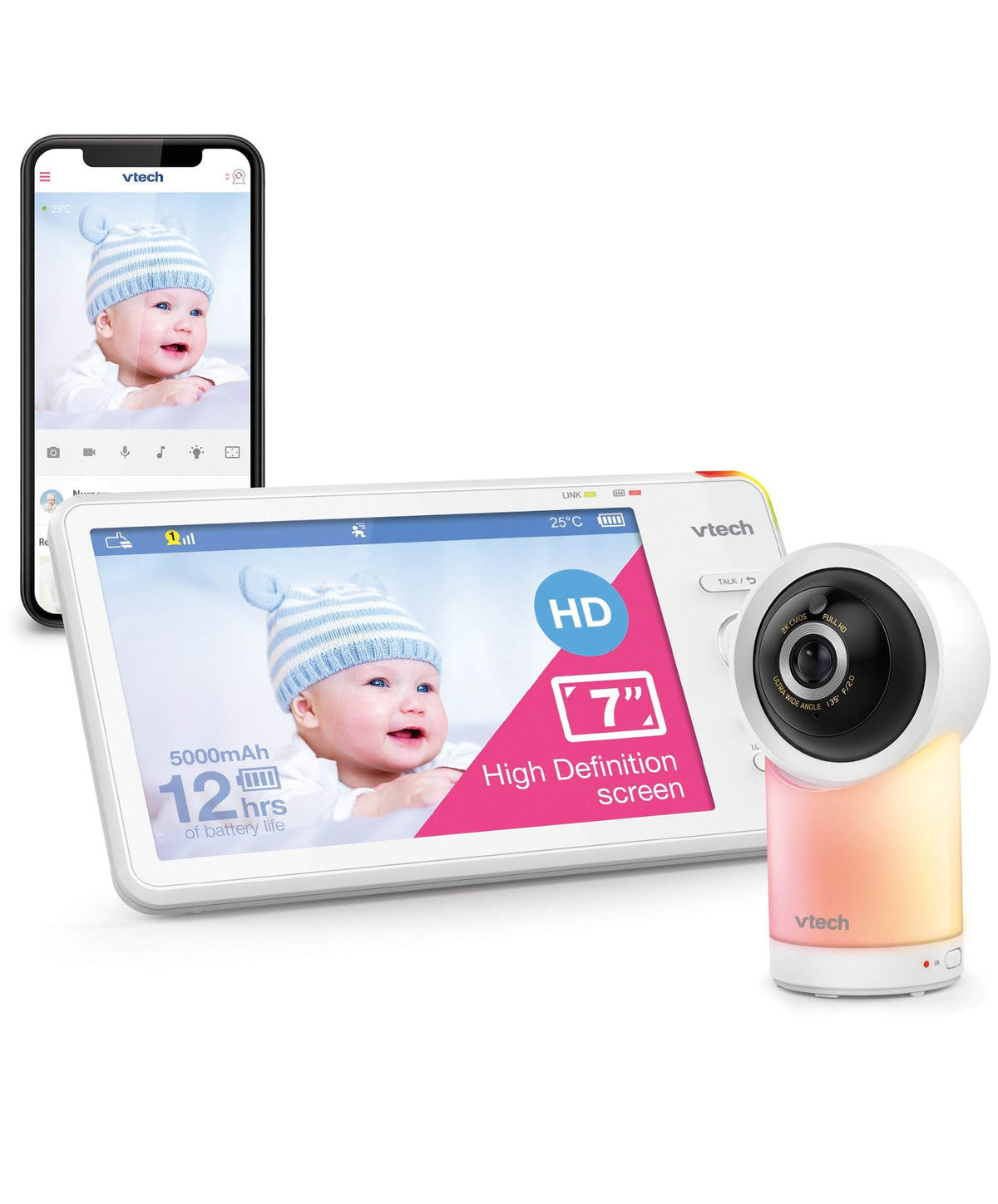 VTech RM7766HD 7inch Smart Pan & Tilt Baby Monitor & Camera Floorstand - White