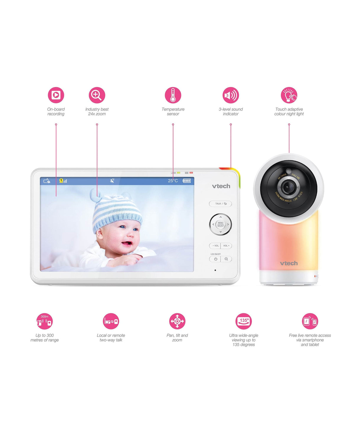 VTech RM7766HD 7inch Smart Pan & Tilt Baby Monitor & Camera Floorstand - White