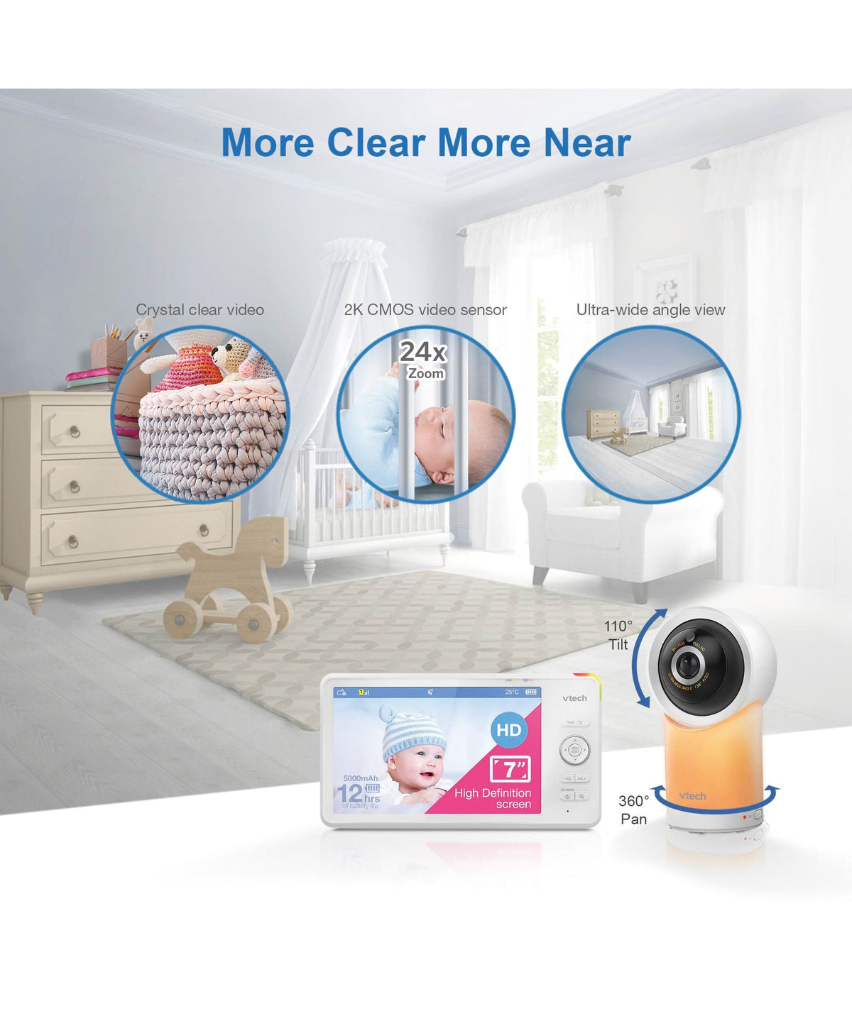 VTech RM7766HD 7inch Smart Pan & Tilt Baby Monitor & Camera Floorstand - White