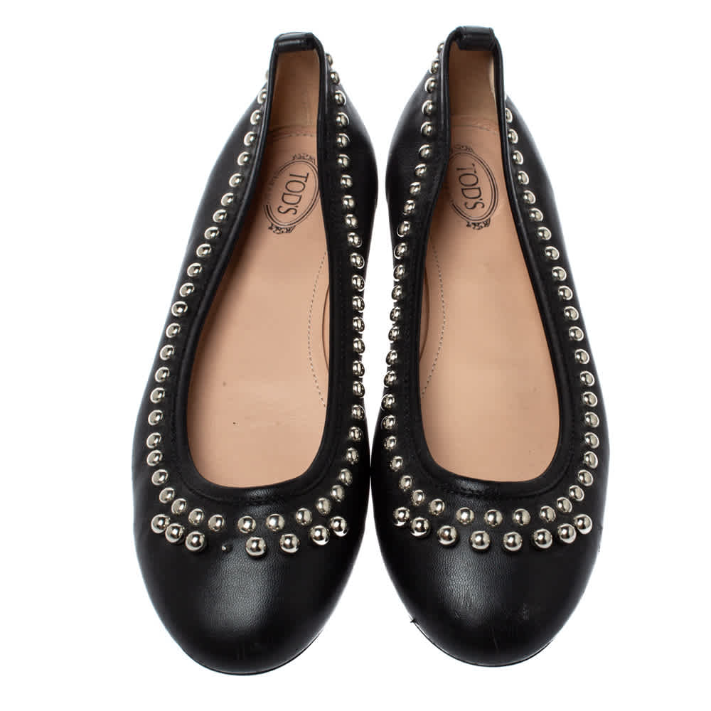 Tod's Black Leather Studded Ballet Flats Size 38.5