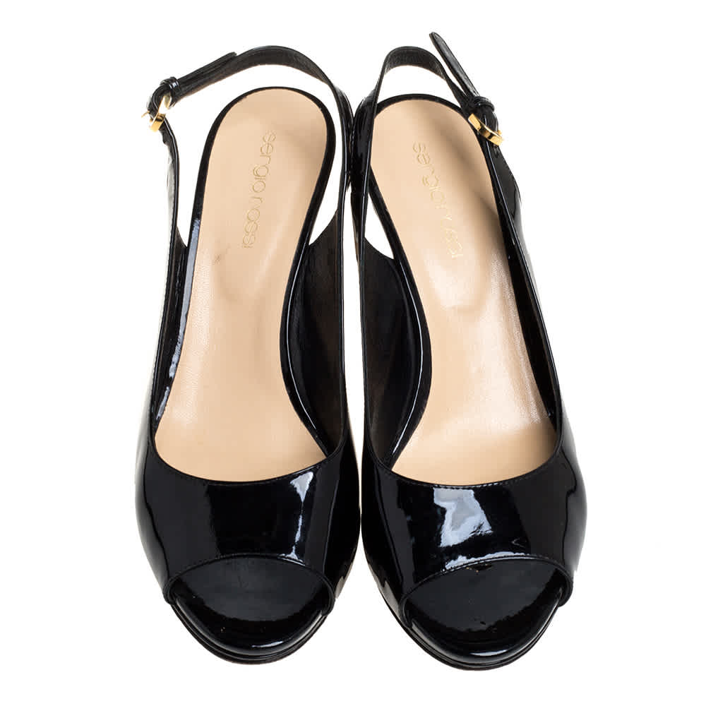 Sergio Rossi Black Patent Leather Peep Toe Slingback Sandals Size 37